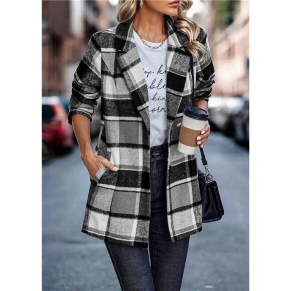 2024 Plaid Shacket Jacket Casual Button Wool Blend Winter Tartan Trench Coat - Picture 2 of 7
